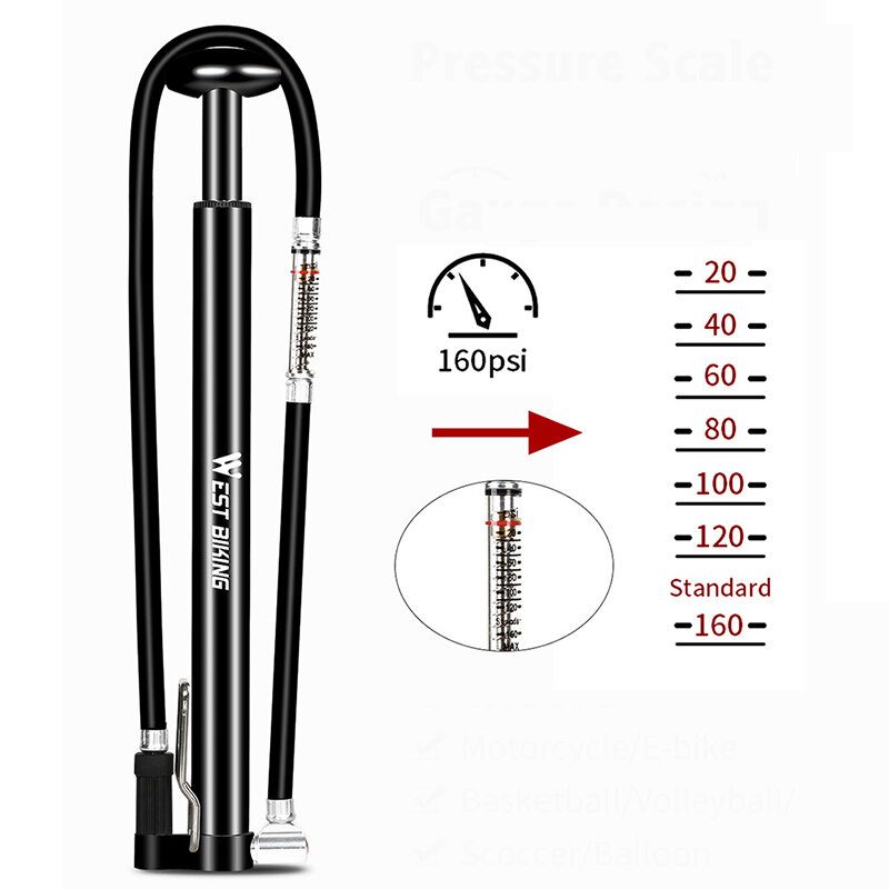 West Biking Visokotlačna Nožna Podna Pumpa 160psi Za Bicikle Za Gume Sa Schrader Presta Ventilom