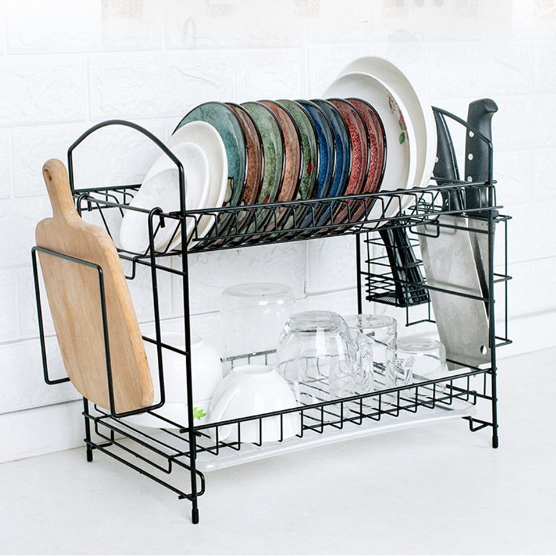 Stalak Za Odvod Dish Rak Kitchen Storage Rack Organizator Mental Iron Design Jednostavno Sastavljanje 2 Razine Za Kuhinju Kućni Ured