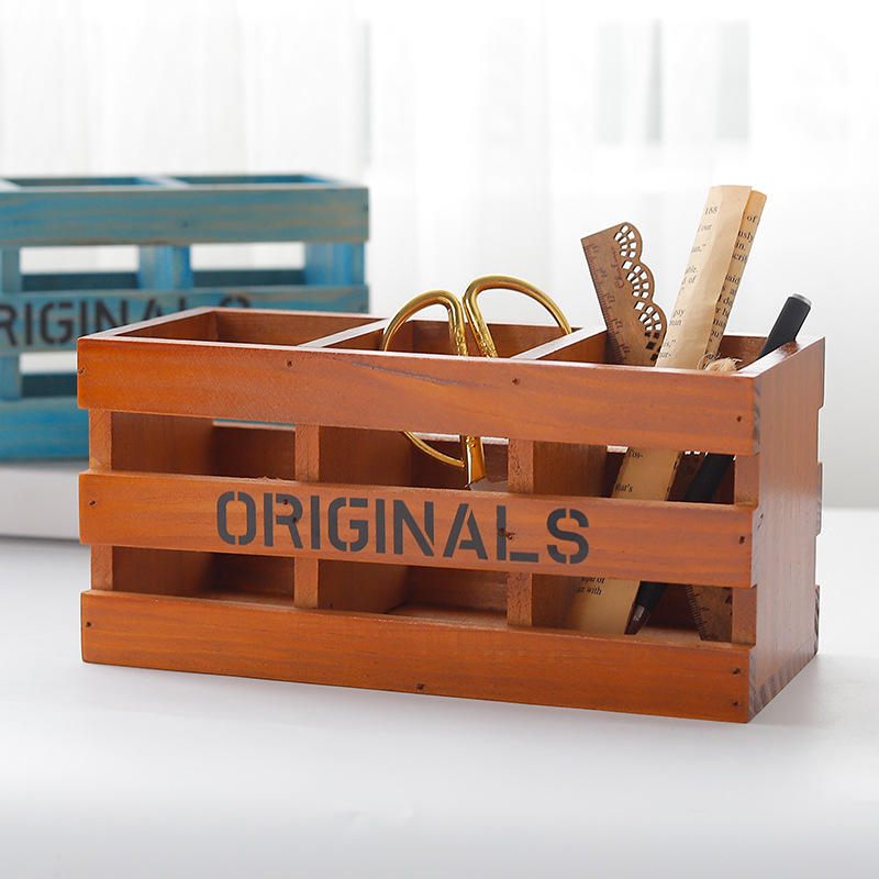 Zakka Retro Drvena Kutija Za Pohranu Stolni Kozmetički Organizator Šminke 3 Rešetke Držač Za Olovke Za Na Daljinski Upravljač Vintage Home Decor