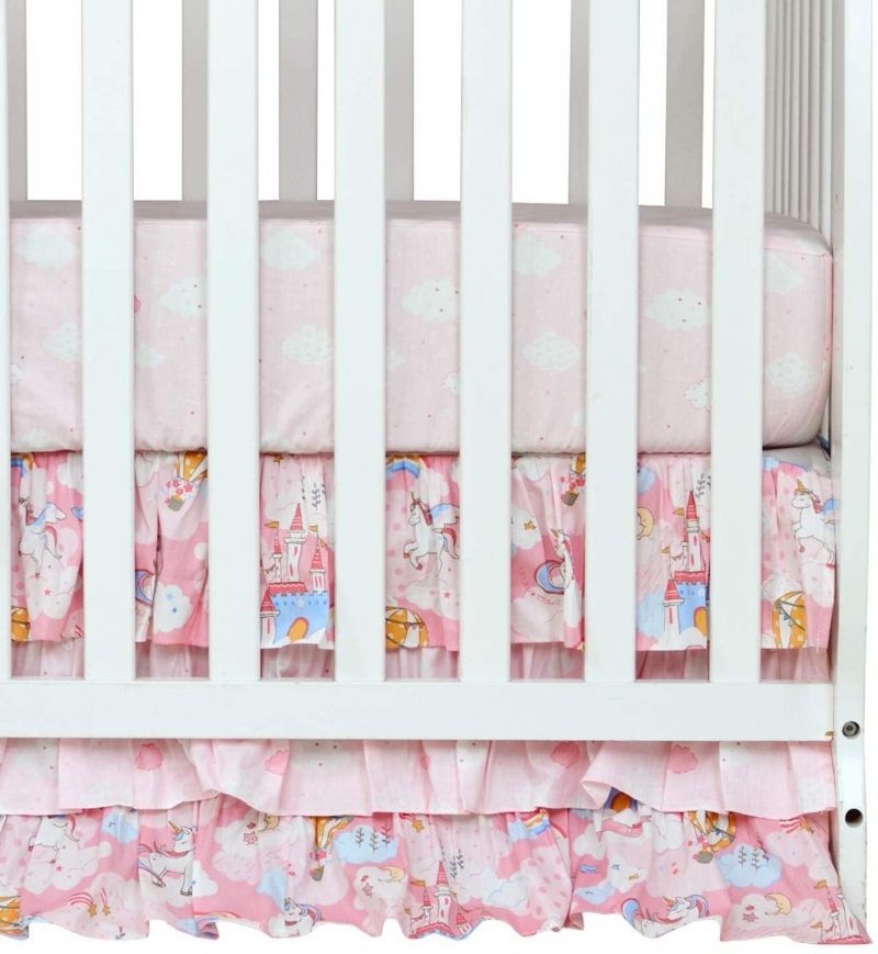 3 Kom Dječja Jednorog Posteljina Za Dječju Sobu Od 100% Pamuka Ružičasta Princeza Komplet Posteljine Za Dječji Krevetić (suknja Za S Plahtama S Volanima)