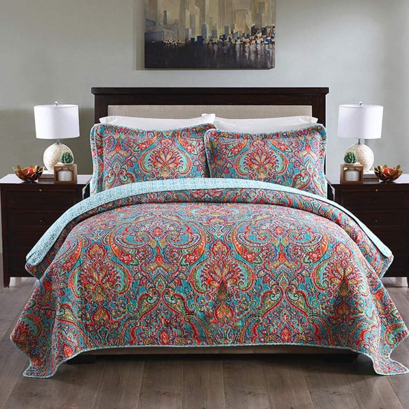3 Kom Dvostruki Prošiveni Pokrivač Za Krevet Od 100% Pamuka Luksuzni Komplet Prekrivača Za Punu/veličinu Kraljice Šareni Paisley