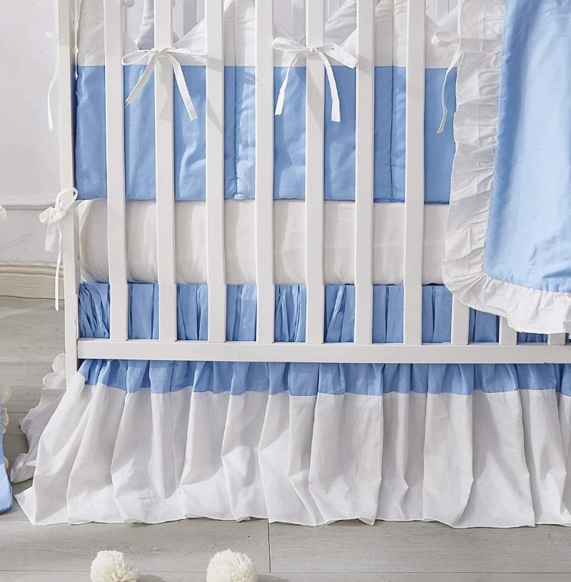3d Love Heart Cloud Star Pattched Design Set Posteljine Za Dječju Sobu 100% Pamuk Plava Posteljina Za Krevetić S Bijelim Volanima