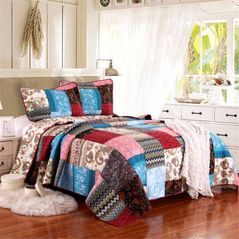 3kom Luksuznog Popluna Boemski Pamučni Patchwork Prošiveni Pokrivač Set Prekrivača Za Krevet Bright Vibrant Floral Paisley Set Posteljine Queen