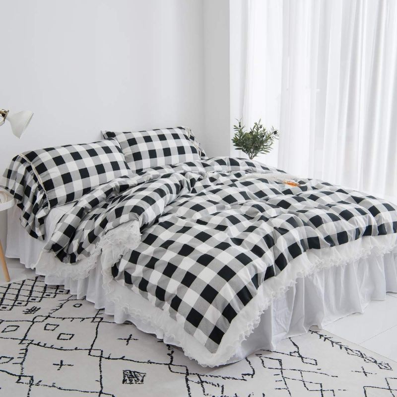 3pcs Buffalo Karirani Komplet Navlaka Za Poplun Romantični Čipkasti Volančići Gingham Geometrijski Crno-bijeli Elegantni Posteljine