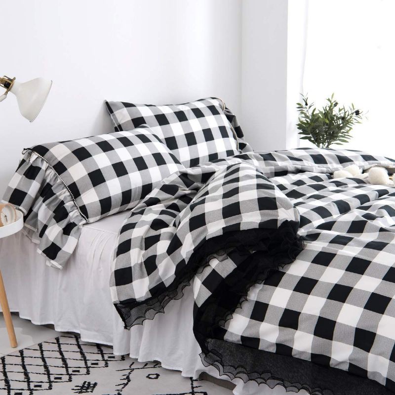 3pcs Buffalo Karirani Komplet Navlaka Za Poplun Romantični Čipkasti Volančići Gingham Geometrijski Crno-bijeli Elegantni Posteljine