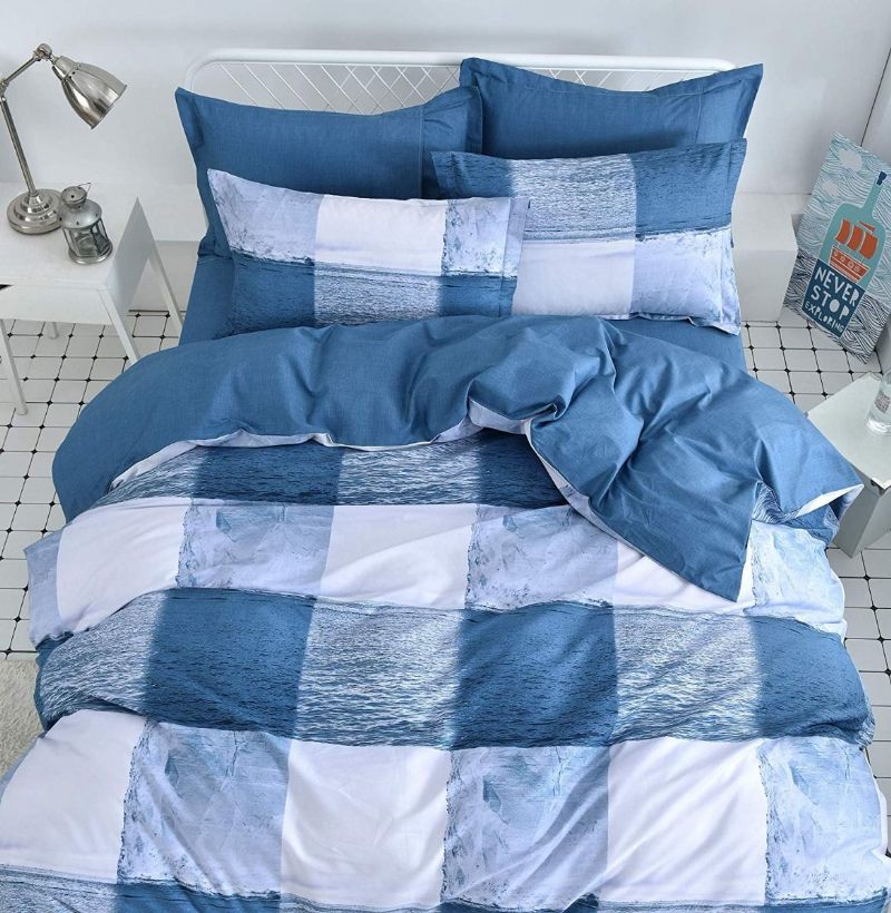 3pcs Ocean Blue I White Set Navlaka Za Poplun 100% Pamuk Karirani Set Posteljine