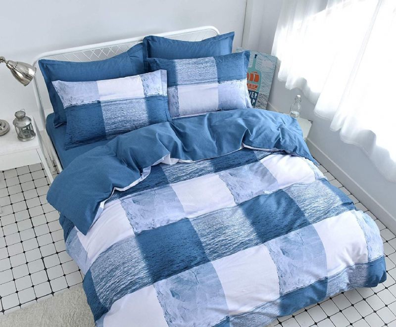 3pcs Ocean Blue I White Set Navlaka Za Poplun 100% Pamuk Karirani Set Posteljine