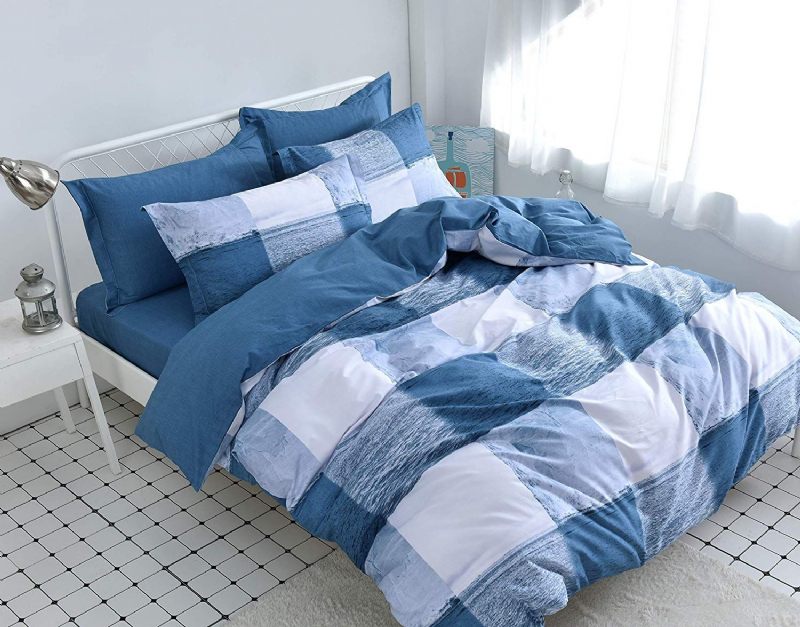 3pcs Ocean Blue I White Set Navlaka Za Poplun 100% Pamuk Karirani Set Posteljine