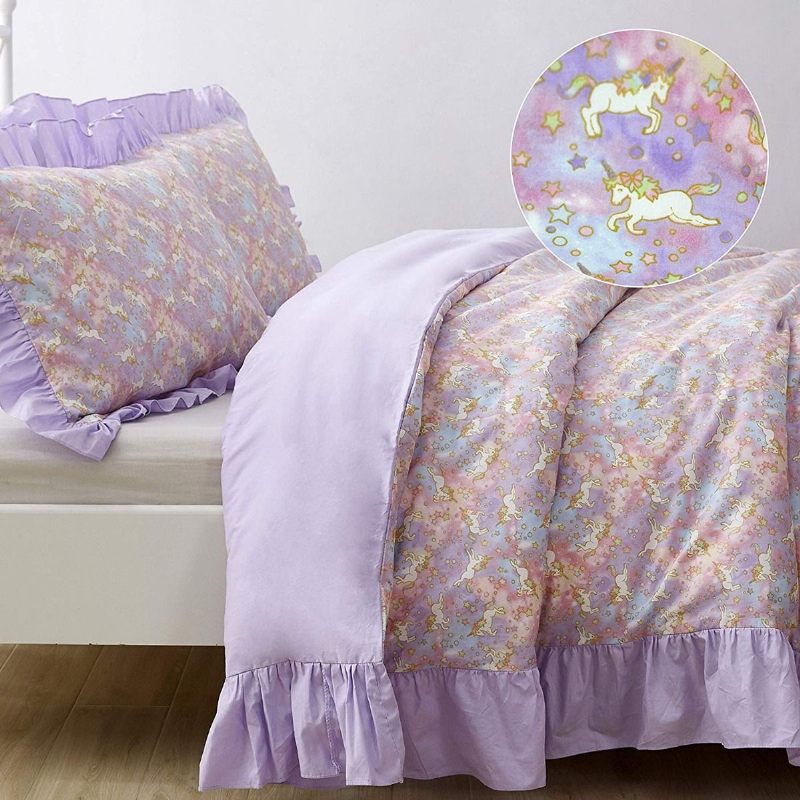 3pcs Rainbow Unicorn Set Posteljine Za Djevojčice 100% Pamuk S Naborima Ljubičasta Lavanda Set Navlaka Za Poplun