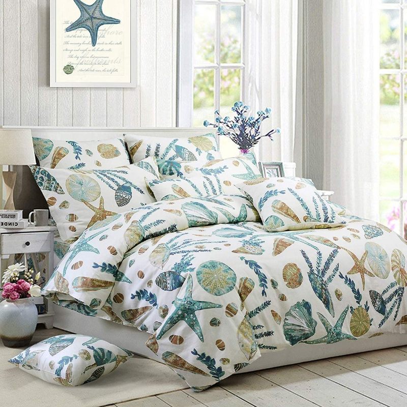 3pcs Set Posteljine Na Temu Plaže 100% Pamuk Coastal Bedding White Teal Set Navlaka Za Poplune Školjke I Morske Zvijezde