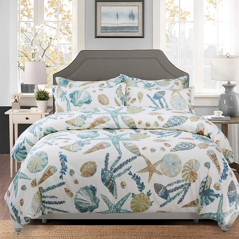 3pcs Set Posteljine Na Temu Plaže 100% Pamuk Coastal Bedding White Teal Set Navlaka Za Poplune Školjke I Morske Zvijezde