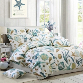 3pcs Set Posteljine Na Temu Plaže 100% Pamuk Coastal Bedding White Teal Set Navlaka Za Poplune Školjke I Morske Zvijezde