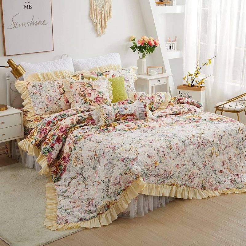 4pcs Shabby Cvjetni Set Posteljine 100% Pamuk 600 Tc Princess Lace Navlake Peony Rose Komplet Navlaka Za Poplun S Mekim Bijelim Čipkanim Naborima Od Prašine 18'' Suknja Za Krevet S Podijeljenim Kutovima I 2 Jastučnice