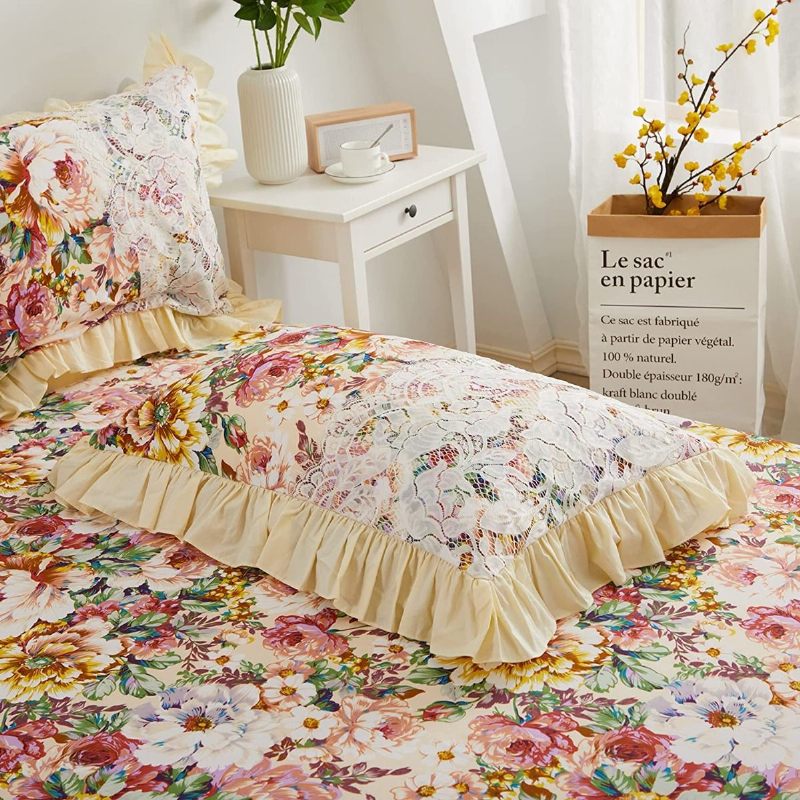 4pcs Shabby Cvjetni Set Posteljine 100% Pamuk 600 Tc Princess Lace Navlake Peony Rose Komplet Navlaka Za Poplun S Mekim Bijelim Čipkanim Naborima Od Prašine 18'' Suknja Za Krevet S Podijeljenim Kutovima I 2 Jastučnice