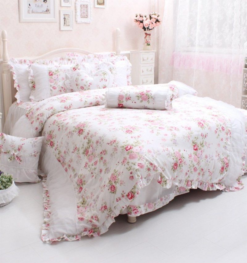 4pcs Shabby Rose Cvjetni Komplet Posteljine Elegantna Set Za Djevojčice S Volanima U Seoskom Stilu 100% Pamuk Set Navlaka Za Poplun