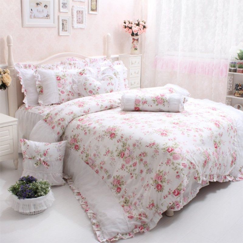 4pcs Shabby Rose Cvjetni Komplet Posteljine Elegantna Set Za Djevojčice S Volanima U Seoskom Stilu 100% Pamuk Set Navlaka Za Poplun