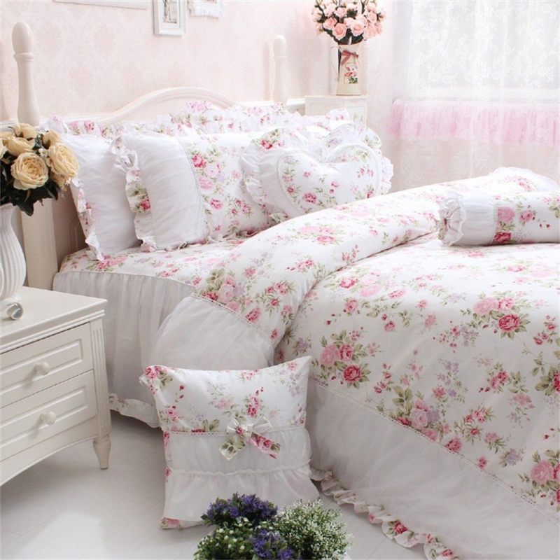 4pcs Shabby Rose Cvjetni Komplet Posteljine Elegantna Set Za Djevojčice S Volanima U Seoskom Stilu 100% Pamuk Set Navlaka Za Poplun