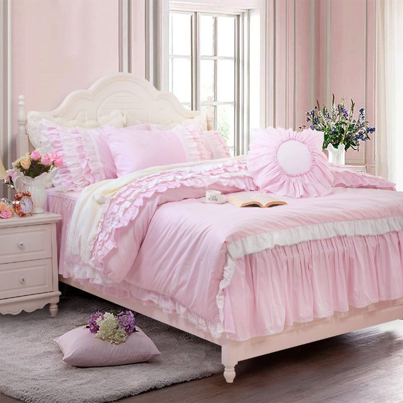 5pcs Pink Princess Set Posteljine Queen Size Višeslojni Nabori Navlaka Za Poplun Bed Suknja 100% Pamuk Set