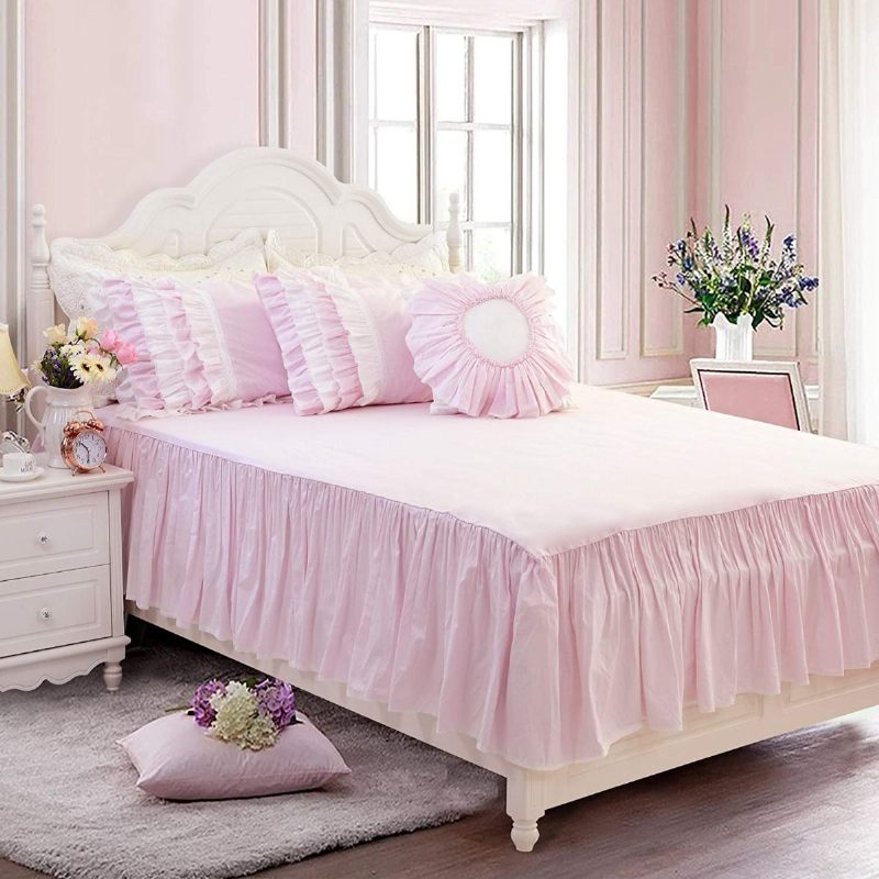 5pcs Pink Princess Set Posteljine Queen Size Višeslojni Nabori Navlaka Za Poplun Bed Suknja 100% Pamuk Set