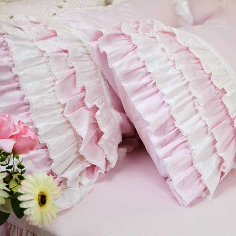 5pcs Pink Princess Set Posteljine Queen Size Višeslojni Nabori Navlaka Za Poplun Bed Suknja 100% Pamuk Set