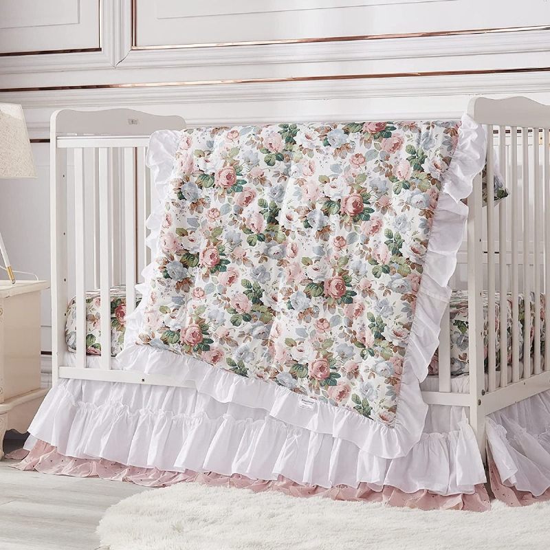 7pcs Shabby Rose Cvjetne Posteljine Za Dječji Krevetić Posteljina Za Dječju Sobu U Seoskom Stilu Francuske Seoske Kuće Za Djevojčice Za Baby Shower