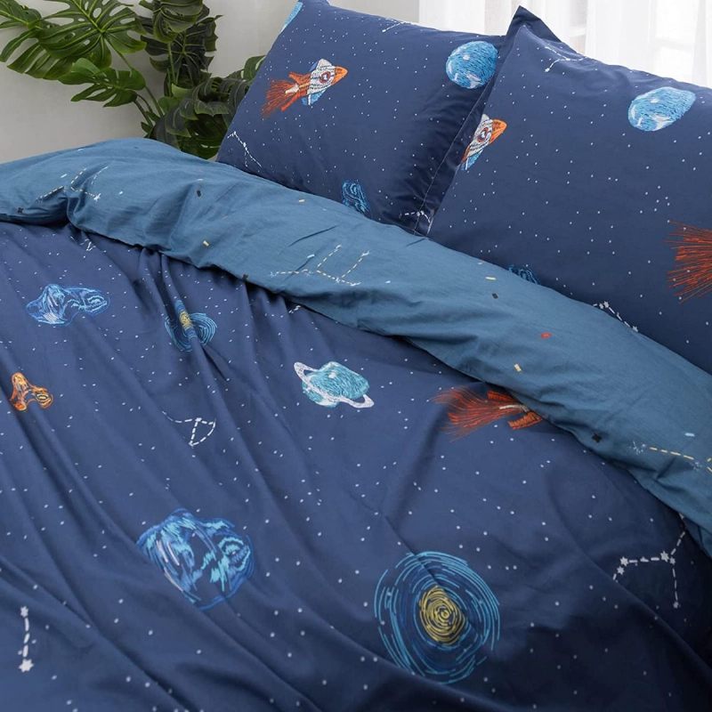 Komplet Dječje Posteljine Od 100% Pamuka Blue Outer Space Rockets Set Navlaka Za Poplune Za Dječake Tinejdžere