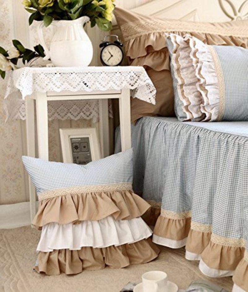 Komplet Posteljine Princess Cotton Lace Blue Gingham Garniture Za Spavaću Sobu 6-dijelni