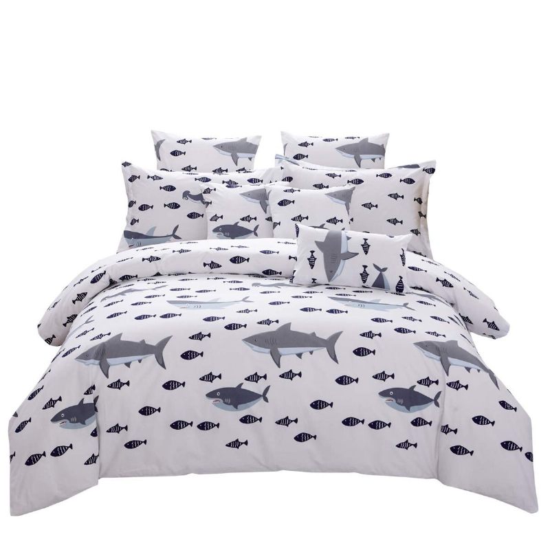 Kompleti Posteljine Za Dječake Navy White Shark Bedding Nautical Komplet Navlaka Za Poplun 100% Pamuk Dječja Tinejdžerska Ljetna Posteljina (1 Za + 2 Jastučnice)