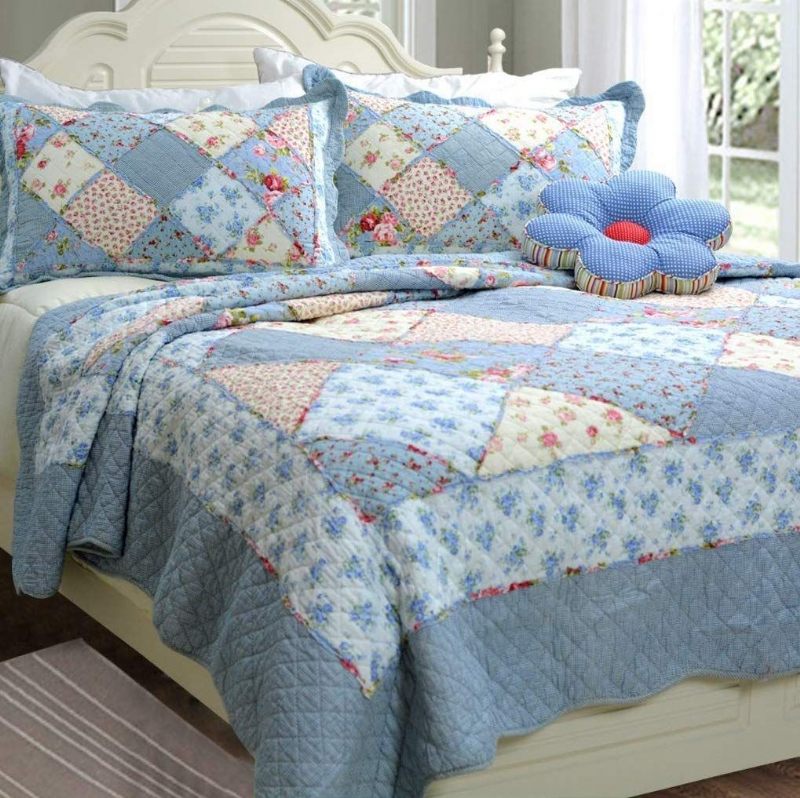 Queen Size Shabby Blue Floral Patchwork Set Jorgana Set Pamučnih Popluna