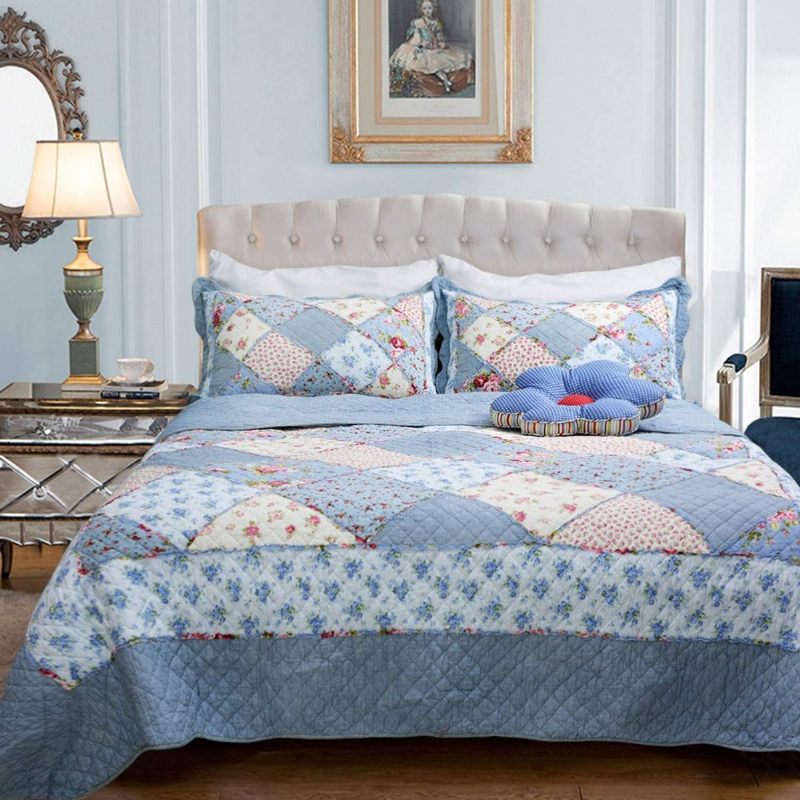 Queen Size Shabby Blue Floral Patchwork Set Jorgana Set Pamučnih Popluna