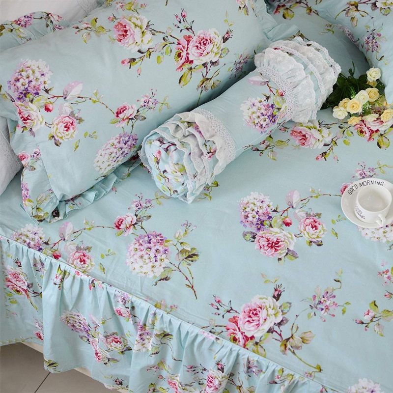 Seoska Posteljina Shabby Plava Cvjetna Vintage Print Komplet Navlaka Za Poplun Prekrivač Elegantan Francuski Seoski Stil S Volanima 4 Kom