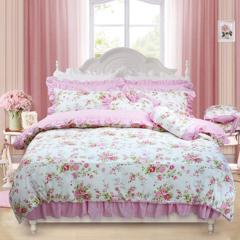 Shabby Pink Komplet Navlaka Za Poplun Kolekcija Posteljine S Ružinim Cvjetovima Elegantna Princeza Čipkana Naborana Za Djevojčice 4 Komada