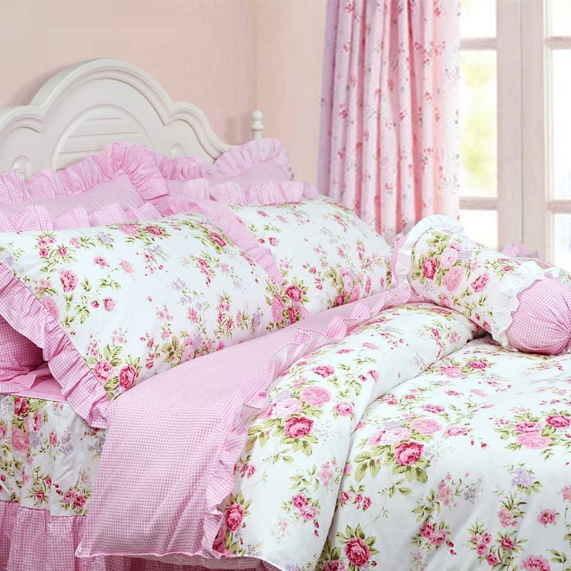 Shabby Pink Komplet Navlaka Za Poplun Kolekcija Posteljine S Ružinim Cvjetovima Elegantna Princeza Čipkana Naborana Za Djevojčice 4 Komada