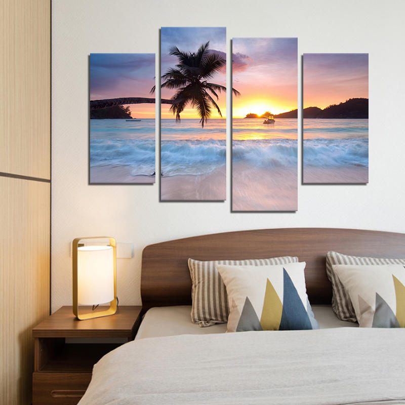 Miico Ručno Oslikane Četiri Kombinacije Ukrasnih Slika Na Kokosovom Drvetu Uz More Zidna Umjetnost Za Uređenje Doma