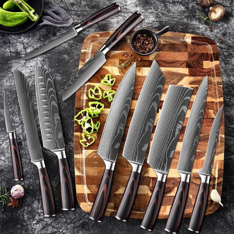 Set Japanskih Kuhinjskih Noževa S Uzorkom Damaska