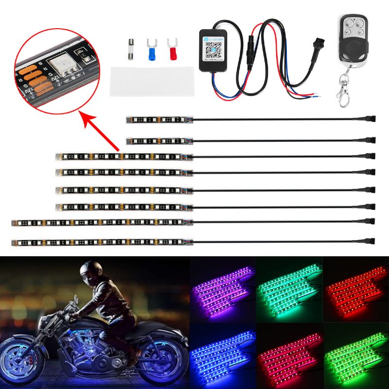 8pcs Motociklistička Bluetooth Aplikacija Led Svjetlosna Traka Komplet Daljinskog Upravljača Bljeskajuća Svjetiljka