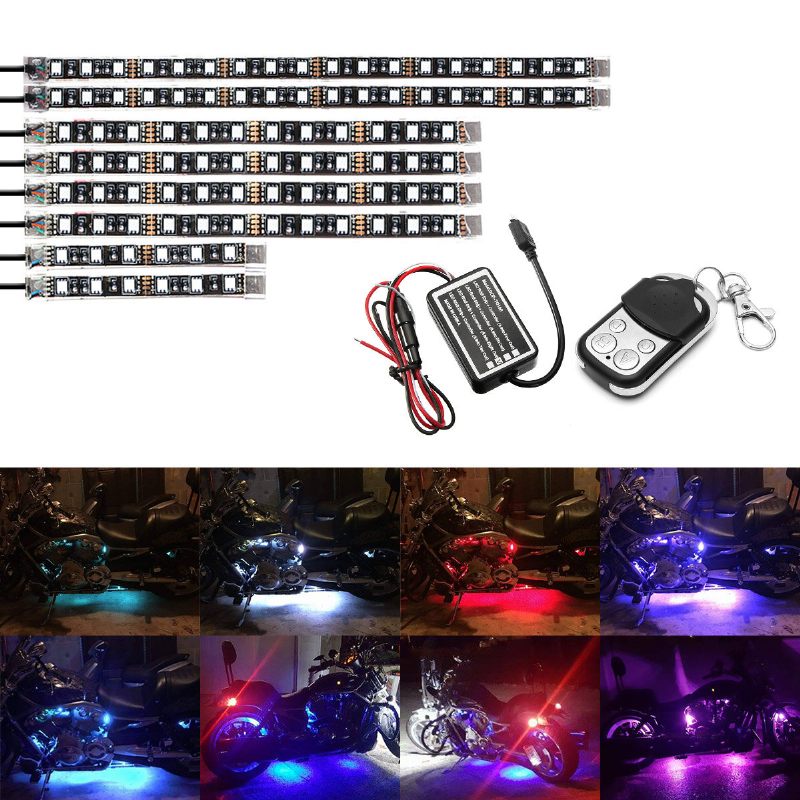 Kompleti Led Svjetala Za Motocikle Od 8 Komada Trake Dc 12-voltna Vodootporna Rgb Višebojna Podsjajna Neonska Atmosferska Svjetla S Efektom Zemlje S Daljinskim Upravljačem I Ljepljivim Kopčama