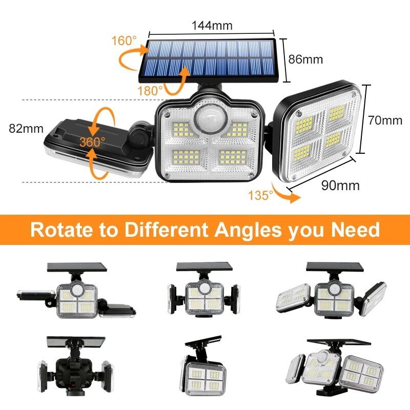 108/122/138/171 Led Solarna Svjetla 3 Glave Senzora Pokreta 270° Širokokutno Osvjetljenje Vanjska Vodootporna Zidna Svjetiljka Na Daljinsko Upravljanje