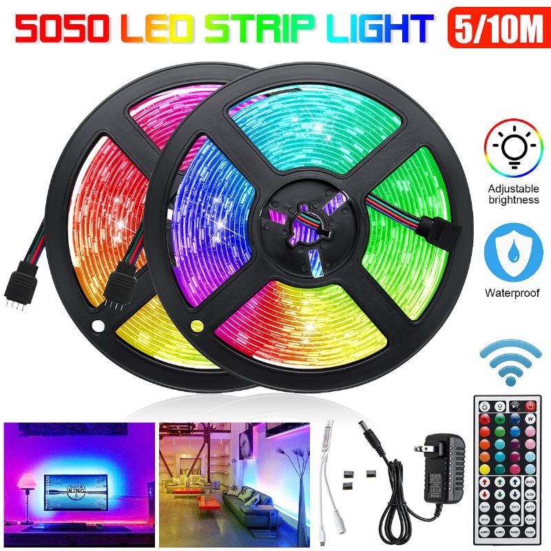 5m/2x5m Rgb Vodootporna 5050 Led Trakasta Svjetiljka + Daljinski Upravljač S 44 Tipke + Američki Strujni Adapter Dc12v Za Tv Kućnu Garderobu