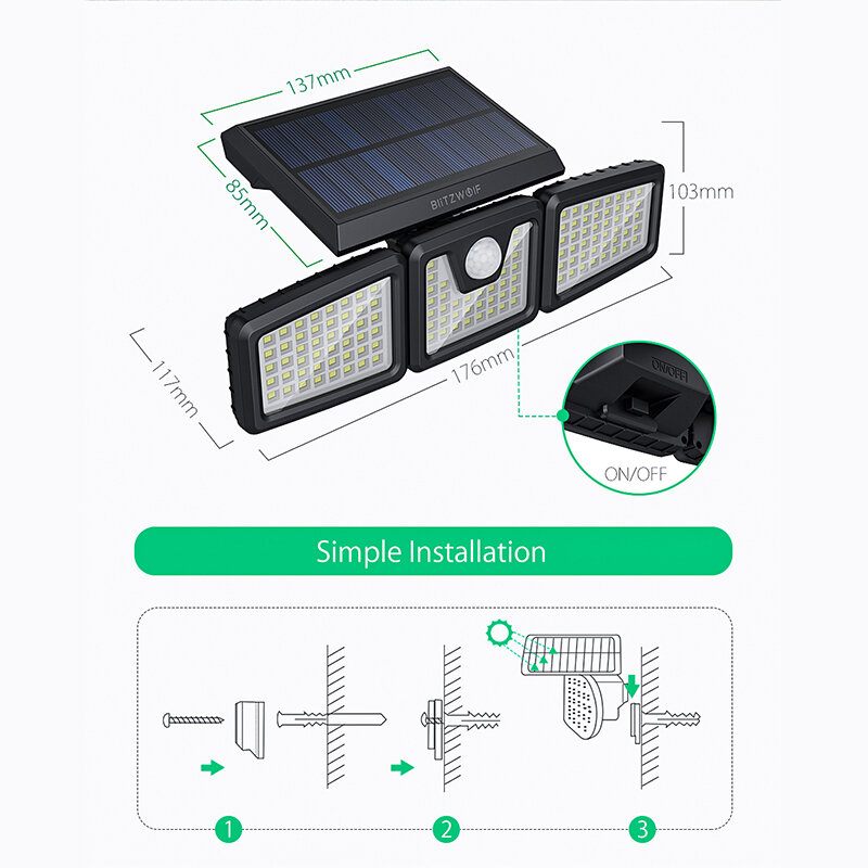 Bw-olt4 Rotirajuće 3 Glave Podesivo Vodootporno 120°pir Senzor Solarno Reflektorsko Svjetlo 6500k Bijelo