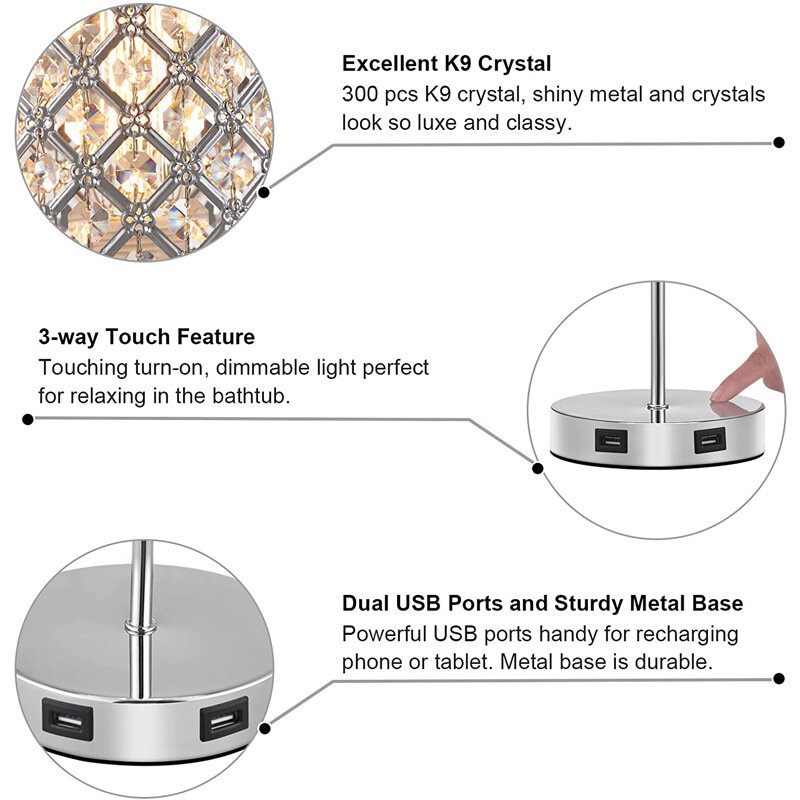 Usb Punjiva Kristalna Stolna Svjetiljka S Prigušivanjem Na Dodir Noćna Svjetla Za Spavaću Sobu Led Noćno Svjetlo S Izvorom
