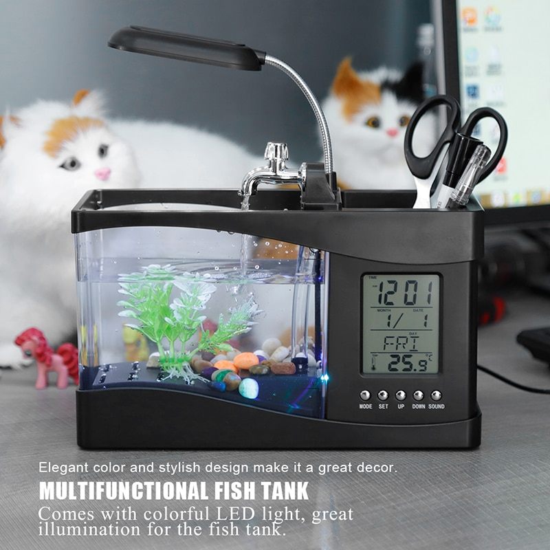 Fish Mini Aquarium Tank Led Svjetlo Lcd Zaslon Sat