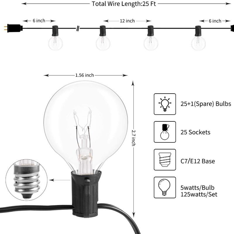 Vanjska Svjetla U Nizu 25 Stopa Globe Patio Lights