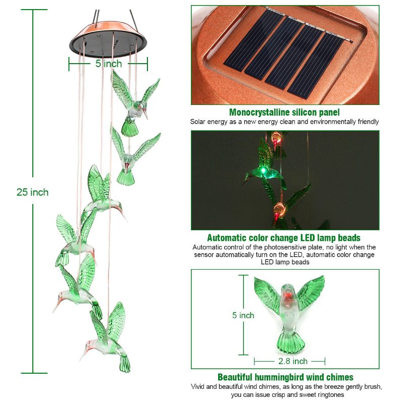 Wind Chime Solarni Hummingbird Chimes Vanjsko/unutarnje Svjetlo Koje Mijenja Boju Led Solarno Poklon Za Mame I Bake Za Uređenje Dvorišta