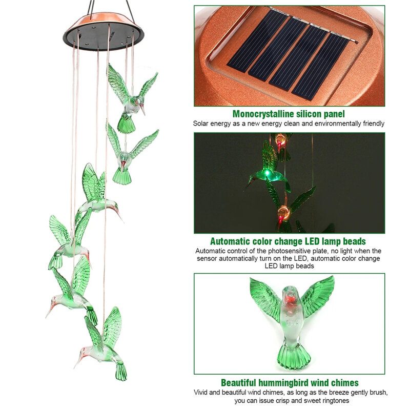 Wind Chime Solarni Hummingbird Chimes Vanjsko/unutarnje Svjetlo Koje Mijenja Boju Led Solarno Poklon Za Mame I Bake Za Uređenje Dvorišta