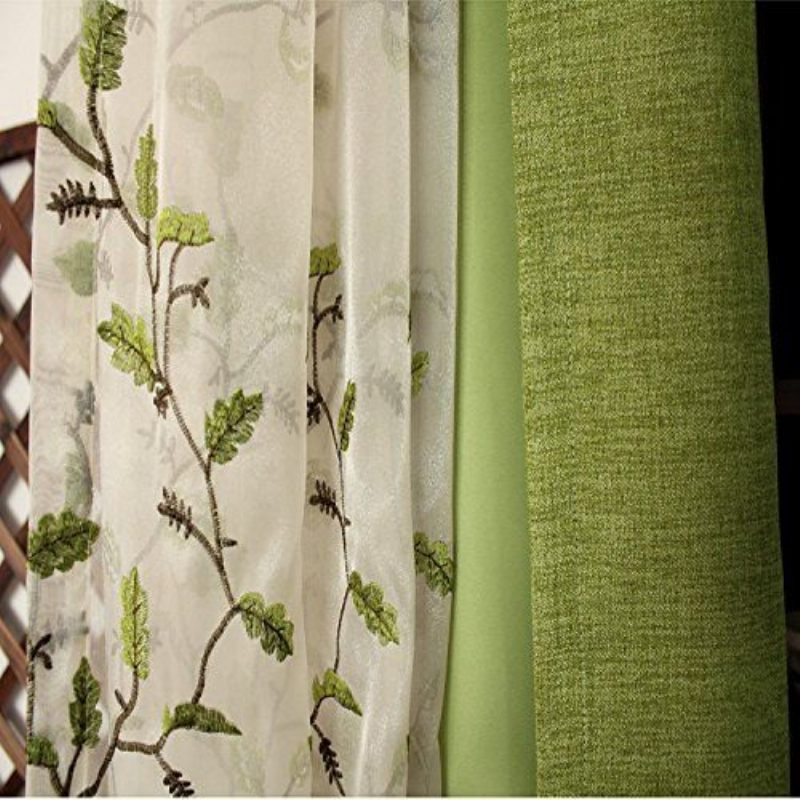 2 Kom Cvjetno Izvezene Poluprozirne Zavjese U Američkom Seoskom Stilu Botanički Dizajn Elegantna Zelena Zavjesa