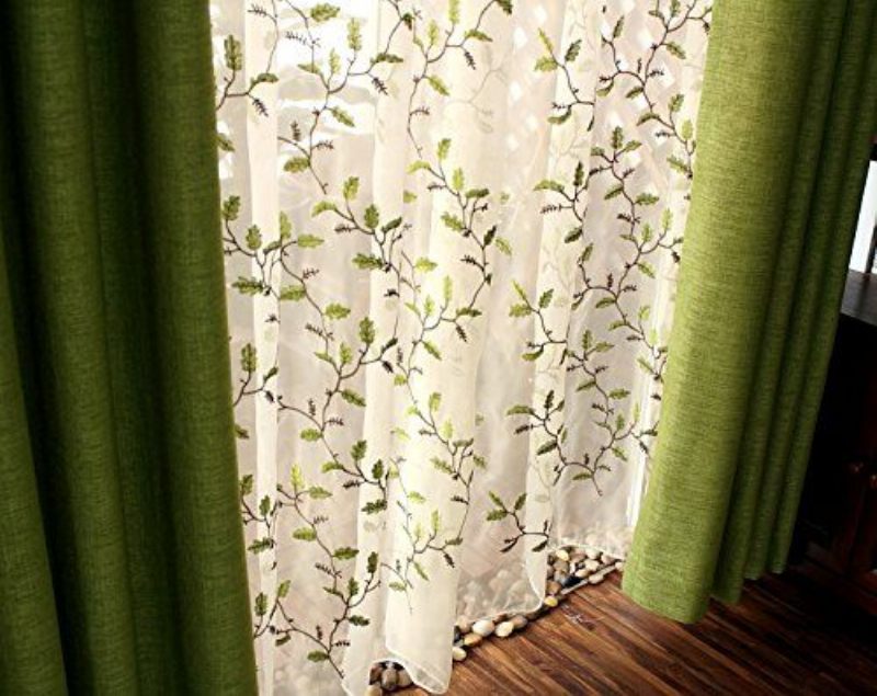 2 Kom Cvjetno Izvezene Poluprozirne Zavjese U Američkom Seoskom Stilu Botanički Dizajn Elegantna Zelena Zavjesa