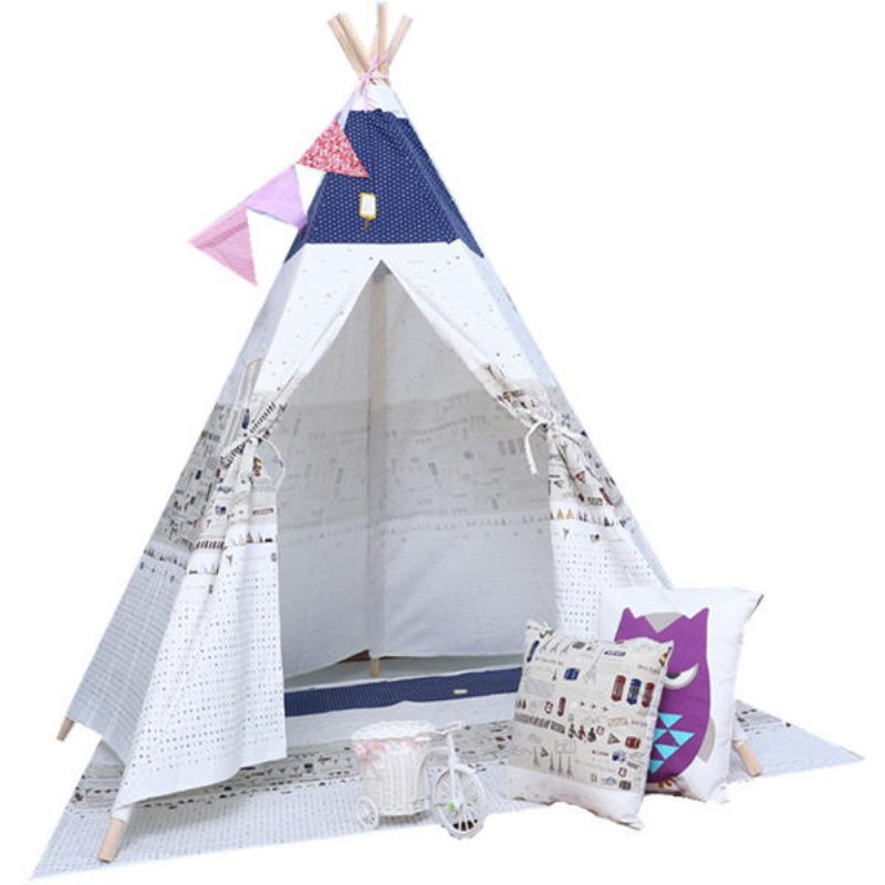 120 X 120 X 160 cm Dječji Šator Za Igru Sklopivi Teepee S Uzorkom Bijele I Plave Vrpce