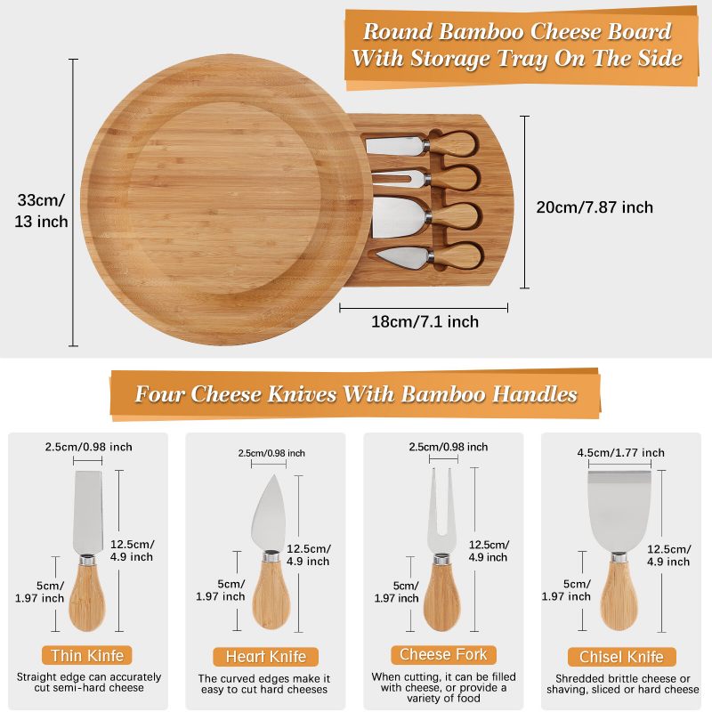 Daska Za Rezanje Sira I Pladanj Za Posluživanje Bambusov I Set Noževa Uključeni 4 Čelična Noža Četverodijelni Tanjur Za Sir Za Meso Vino I Zabavu